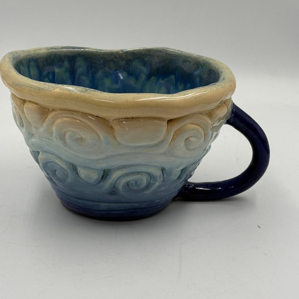Signed Studio Pottery Oversized Mug Soup Bowl Blue Cream Spiral Handmade 6"
